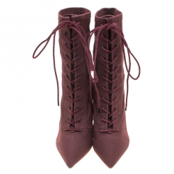 Pre Owned Yeezy Season 5 Burgundy Canvas Lace Up Pointed Toe Ankle Boots Size 36.5