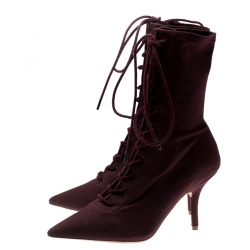 Yeezy Season 5 Burgundy Stretch Canvas Lace Up Pointed Toe Boots Size 36