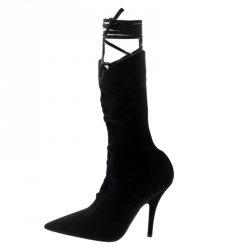 Pre Owned Yeezy Season 5 Black Knit Sock Lace Up Boots Size 39.5