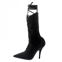 Pre Owned Yeezy Season 5 Black Knit Sock Lace Up Boots Size 38.5