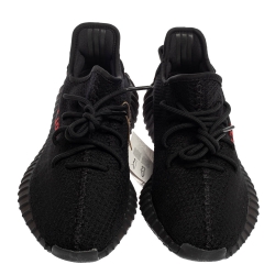 Pre Owned Adidas Yeezy Black/Red Knit Fabric Boost 350 V2 Low Top Sneakers Size 42