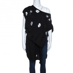 Y's Yohji Yamamoto Black Destroyed Wool Asymmetric Wrap Tunic S