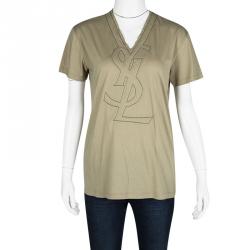 Pre Owned Yves Saint Laurent Paris Brown Logo Detail V-Neck T-Shirt M