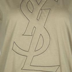 Pre Owned Yves Saint Laurent Paris Brown Logo Detail V-Neck T-Shirt M