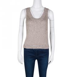 Pre Owned Yves Saint Laurent Paris Beige Sequined Cropped Sleeveless Sweater M