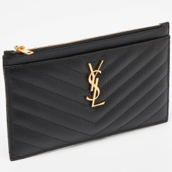 مملوكة مسبقًا Saint Laurent Black Matelassé Leather Monogram Zip Pouch