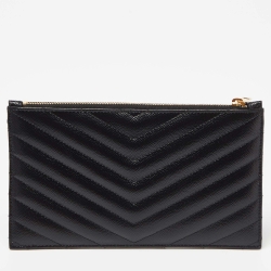مملوكة مسبقًا Saint Laurent Black Matelassé Leather Monogram Zip Pouch