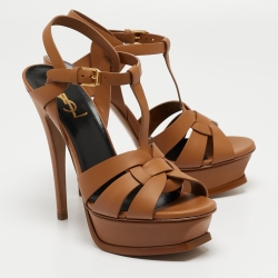 Pre Owned Yves Saint Laurent Brown Leather Tribute Sandals Size 36.5