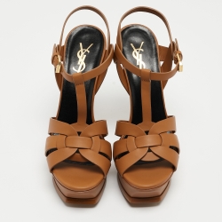 Pre Owned Yves Saint Laurent Brown Leather Tribute Sandals Size 36.5