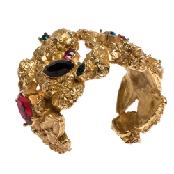 Pre Owned Yves Saint Laurent Vintage Yellow Gold Tone Crystal Studded Open Cuff Bracelet