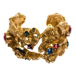 Pre Owned Yves Saint Laurent Vintage Yellow Gold Tone Crystal Studded Open Cuff Bracelet