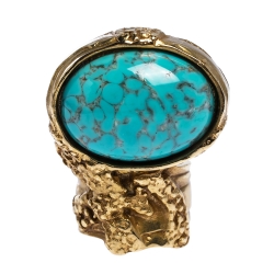 Pre Owned Yves Saint Laurent Arty Turquoise Glass Cabochon Gold Tone Ring Size 52