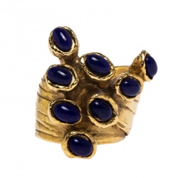Yves Saint Laurent Arty Dots Blue Cabochon Gold Tone Ring Size 52