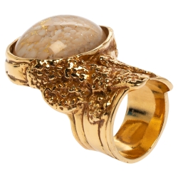 Yves Saint Laurent White & Pink Inlay Gold Tone Arty Ring Size EU 52