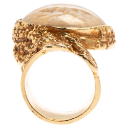 Yves Saint Laurent White & Pink Inlay Gold Tone Arty Ring Size EU 52