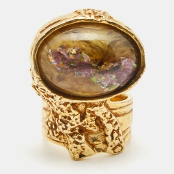 Pre Owned Yves Saint Laurent Arty Glass Cabochon Gold Tone Ring Size 60