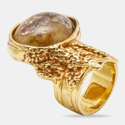 Pre Owned Yves Saint Laurent Arty Glass Cabochon Gold Tone Ring Size 60