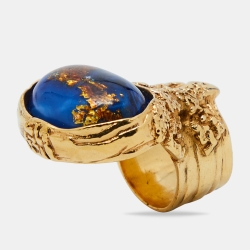 Pre Owned Yves Saint Laurent Arty Glass Cabochon Gold Tone Ring Size 55