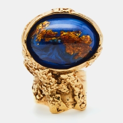 Pre Owned Yves Saint Laurent Arty Glass Cabochon Gold Tone Ring Size 55