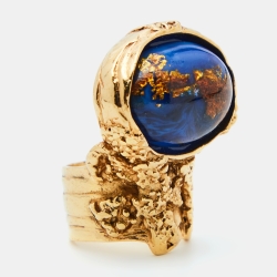 Pre Owned Yves Saint Laurent Arty Glass Cabochon Gold Tone Ring Size 55