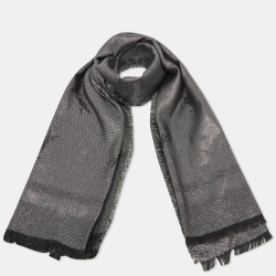 Pre Owned Yves Saint Laurent Silver Lurex logo Wool & Silk Shawl