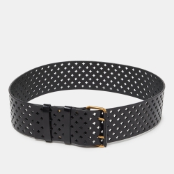Pre Owned Yves Saint Laurent Black Perforated Patent Leather Wide Buckle Belt 85CM