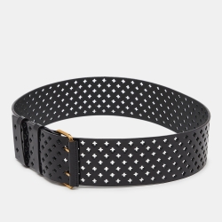 Pre Owned Yves Saint Laurent Black Perforated Patent Leather Wide Buckle Belt 85CM