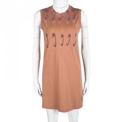 Pre Owned Yves Saint Laurent Paris Brown Safety Pin Printed Sleeveless T-Shirt Dress S