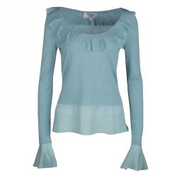Pre Owned Yves Saint Laurent Powder Blue Wool Ruffle Trim Long Sleeve Sweater S