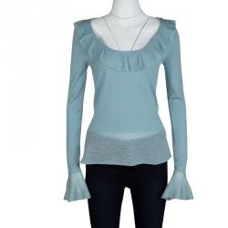 Pre Owned Yves Saint Laurent Powder Blue Wool Ruffle Trim Long Sleeve Sweater S