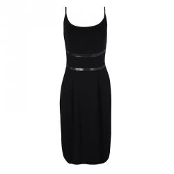 Pre Owned Yves Saint Laurent Black Rib Knit Faux Leather Trim Sleeveless Wool Dress S