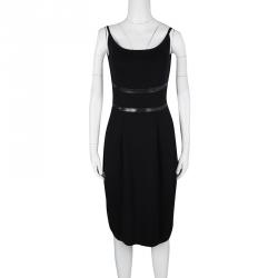Pre Owned Yves Saint Laurent Black Rib Knit Faux Leather Trim Sleeveless Wool Dress S