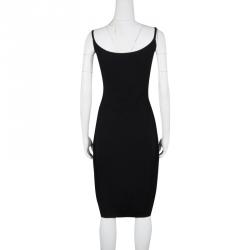 Pre Owned Yves Saint Laurent Black Rib Knit Faux Leather Trim Sleeveless Wool Dress S
