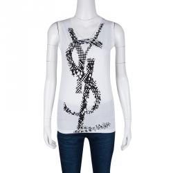 Pre Owned Yves Saint Laurent Monochrome Flock Logo Print Sleeveless T-Shirt S