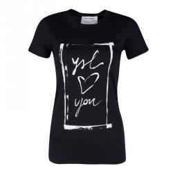 Pre Owned Yves Saint Laurent Paris Black Printed Crew Neck T-Shirt S