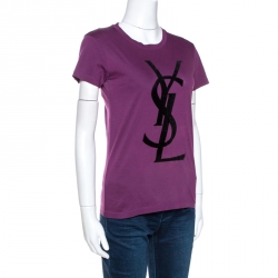 Pre Owned Yves Saint Laurent Purple Cassandre Logo Applique Cotton T-Shirt S
