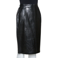 Pre Owned Yves Saint Laurent Rive Gauche Black Leather Pencil Skirt L