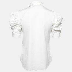 Yves Saint Laurent White Cotton Ruched Sleeve Button Front Shirt S