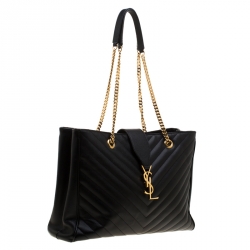 Pre Owned Saint Laurent Paris Black Chevron Leather Classic Monogram Shopping Tote