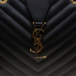 Pre Owned Saint Laurent Paris Black Chevron Leather Classic Monogram Shopping Tote