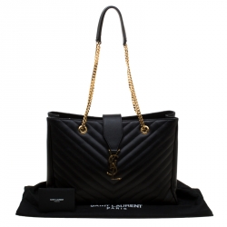 Pre Owned Saint Laurent Paris Black Chevron Leather Classic Monogram Shopping Tote