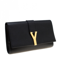 Pre Owned حقيبة كلتش سان لوران شيك كبيرة جلد سوداء