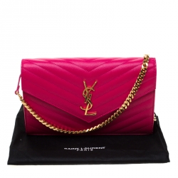 Pre Owned Saint Laurent Fuchsia Leather Monogram Envelope Wallet-On-Chain