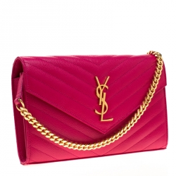 Pre Owned Saint Laurent Fuchsia Leather Monogram Envelope Wallet-On-Chain