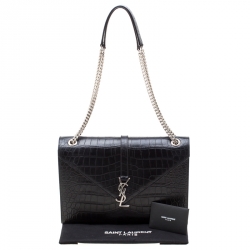 Pre Owned Saint Laurent Paris Black Croc Embossed Leather Large Cassandre Chain Bag
