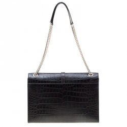 Pre Owned Saint Laurent Paris Black Croc Embossed Leather Large Cassandre Chain Bag