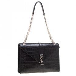 Pre Owned Saint Laurent Paris Black Croc Embossed Leather Large Cassandre Chain Bag