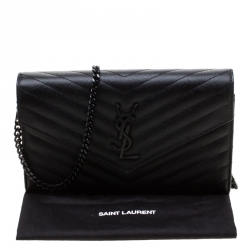 Pre Owned Saint Laurent Paris Black Chevron Leather Wallet on Chain