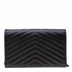 Pre Owned Saint Laurent Paris Black Chevron Leather Wallet on Chain