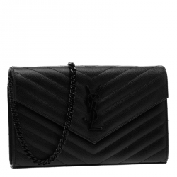 Pre Owned Saint Laurent Paris Black Chevron Leather Wallet on Chain